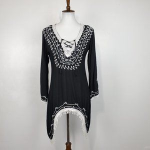 Scully Black White Boho Festival Western Rodeo Embroidered Fringe Tunic Size S
